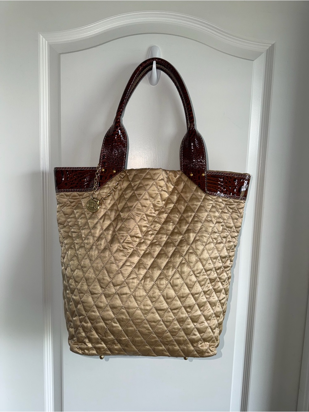 Brahmin Quilted Champagne Gold Brown Croc Leather Large Tote Bag Y2K